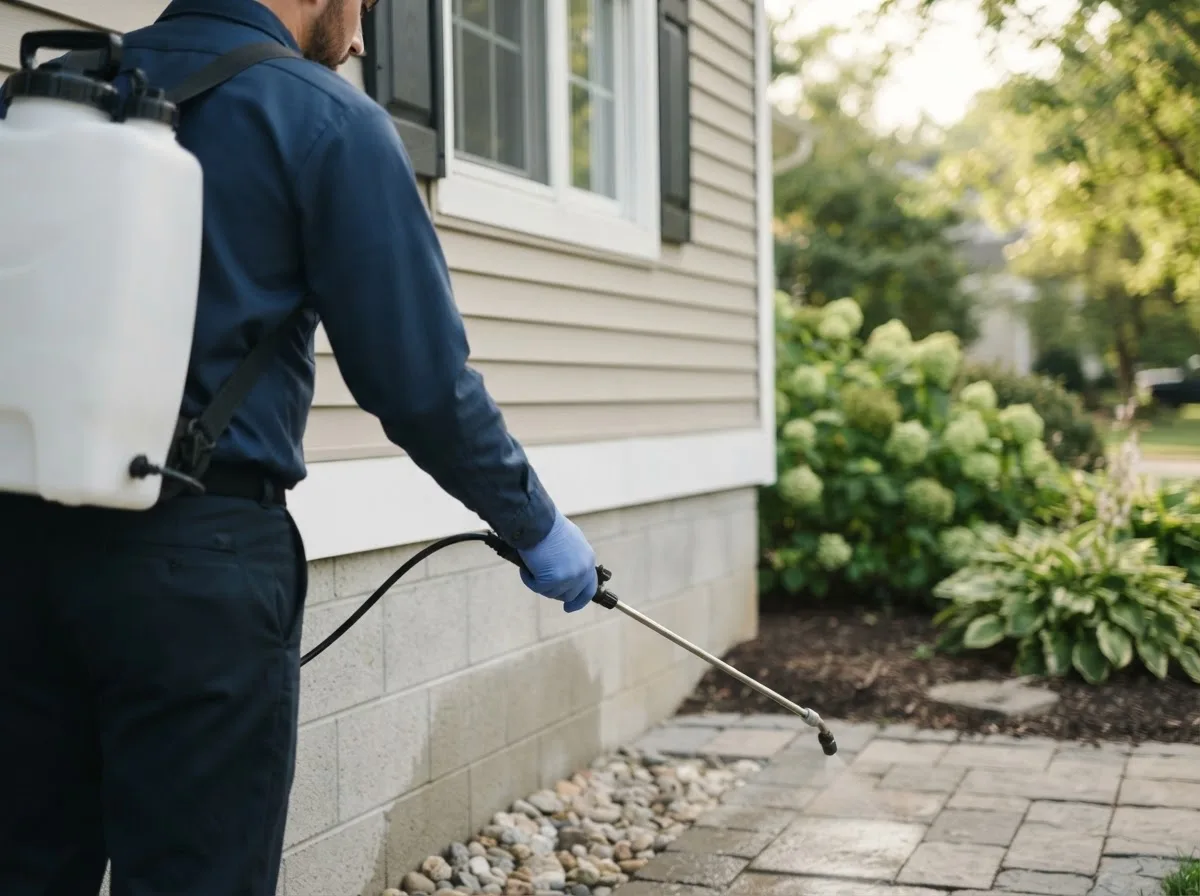 Pest control technician inspecting a home in Preemption, IL